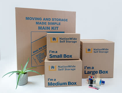 NationWide Self Storage main packing kit includes boxes, tape, tape gun, box knife and marker