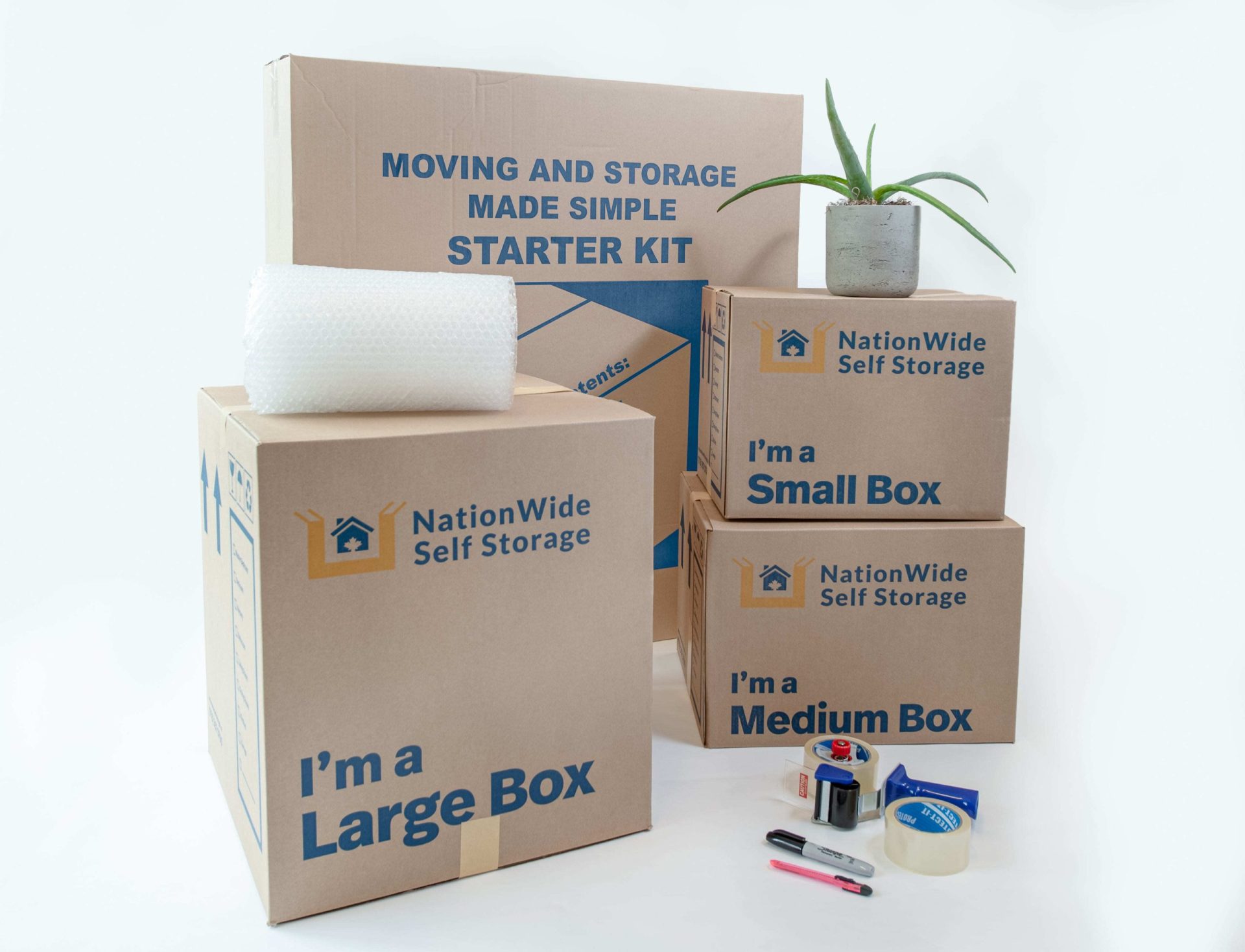 NationWide Self Storage starter packing kit includes boxes, bubble wrap, roll tape, box knife and marker