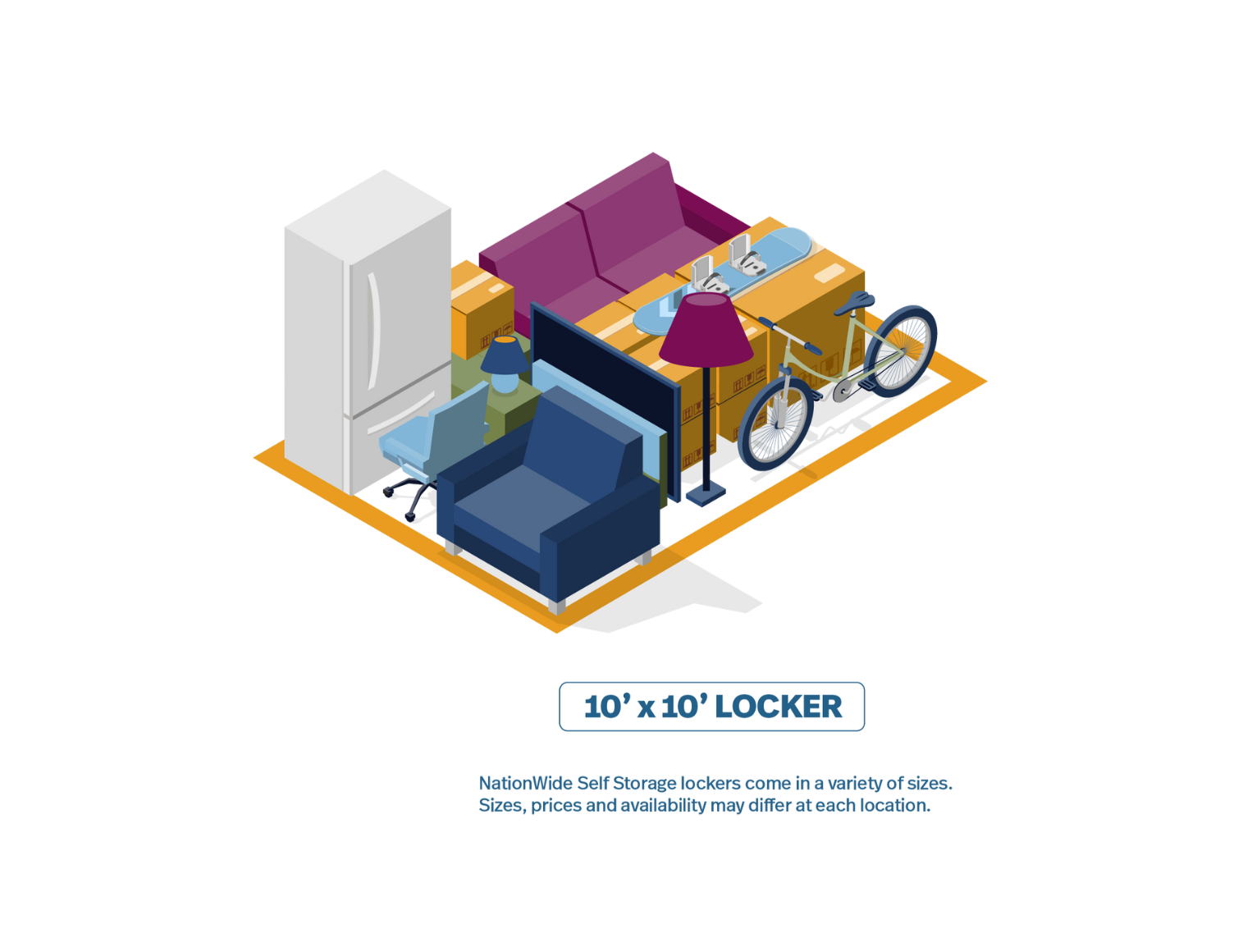 Graphic of a 10 x 10 Nationwide Self Storage unit showing example of what you can store inside.