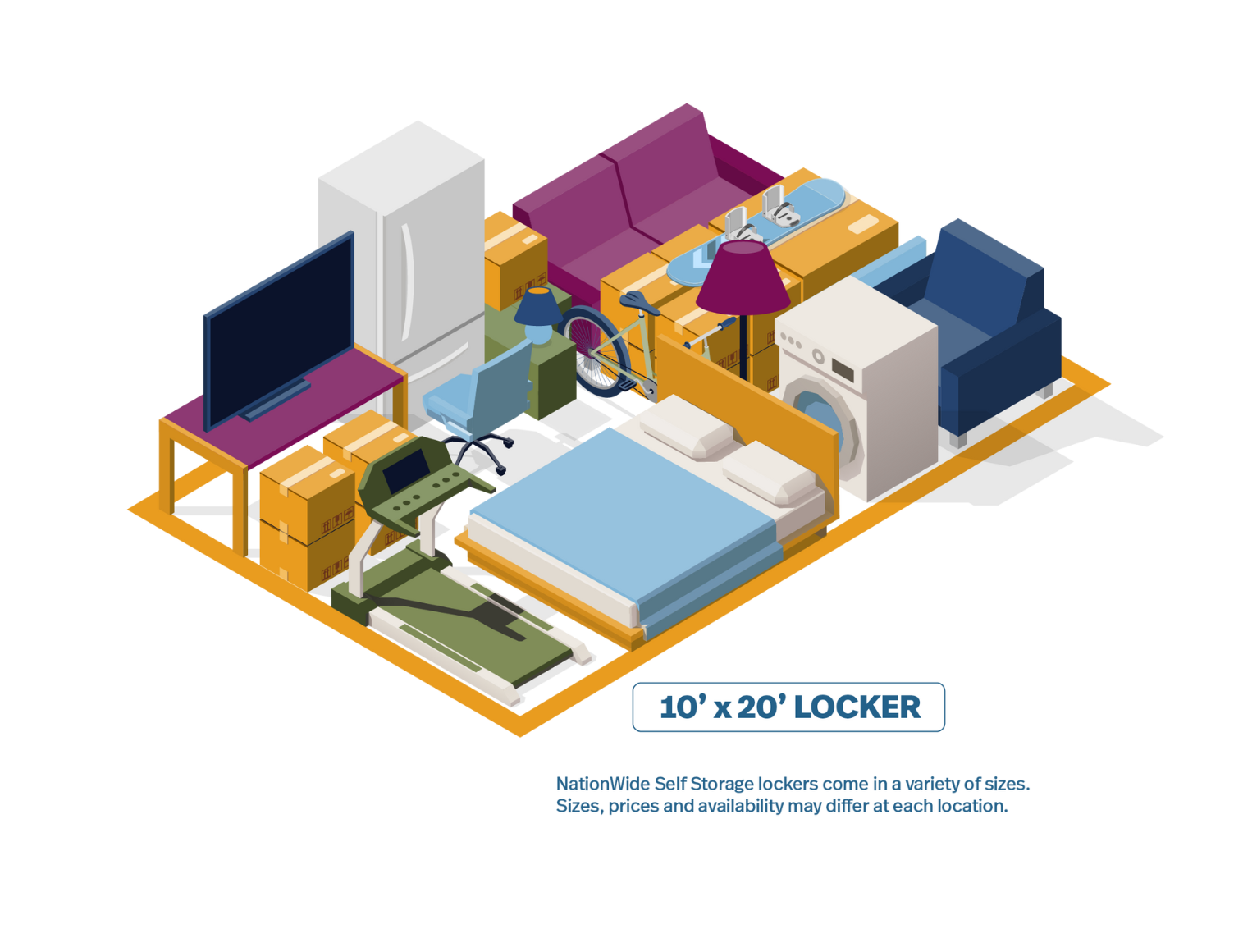 Graphic of a 10 foot x 20 foot Nationwide Self Storage locker showing example of what will fit inside.