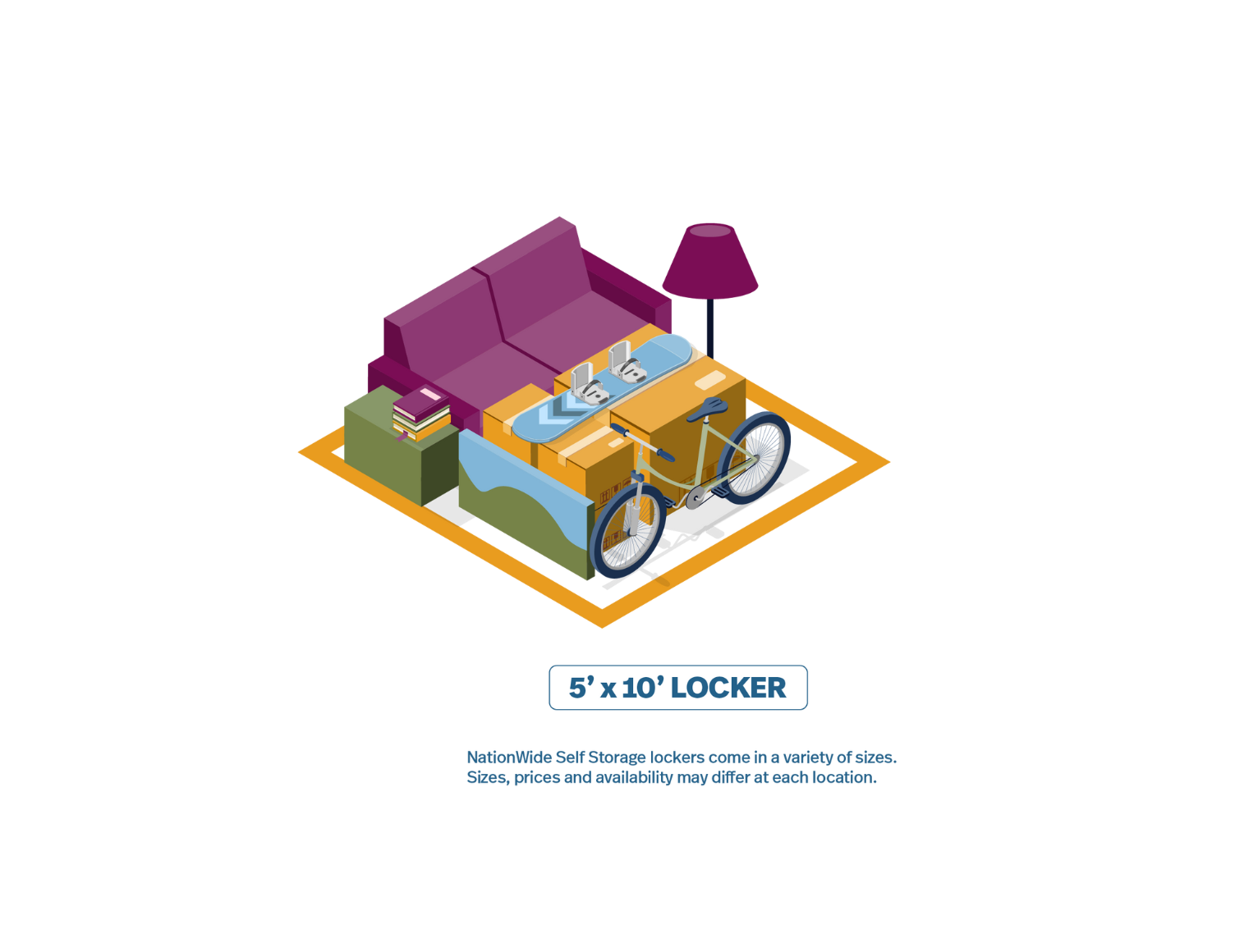 Graphic of a 5 x 10 Nationwide Self Storage unit showing example of what you can store inside.