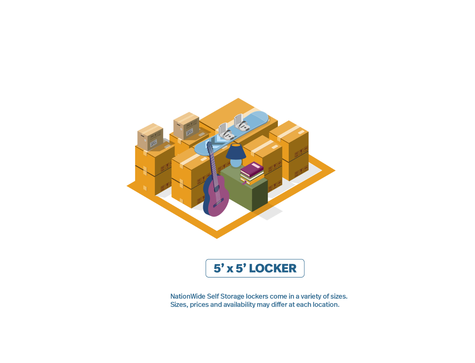 Graphic of a 5 x 5 Nationwide Self Storage unit showing how many items can fit inside.